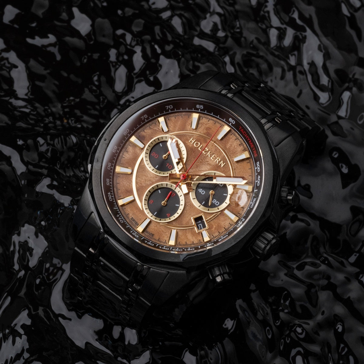 "Genevra watch featuring burl wood and maple, elegant chronograph design in a rich, dark setting."