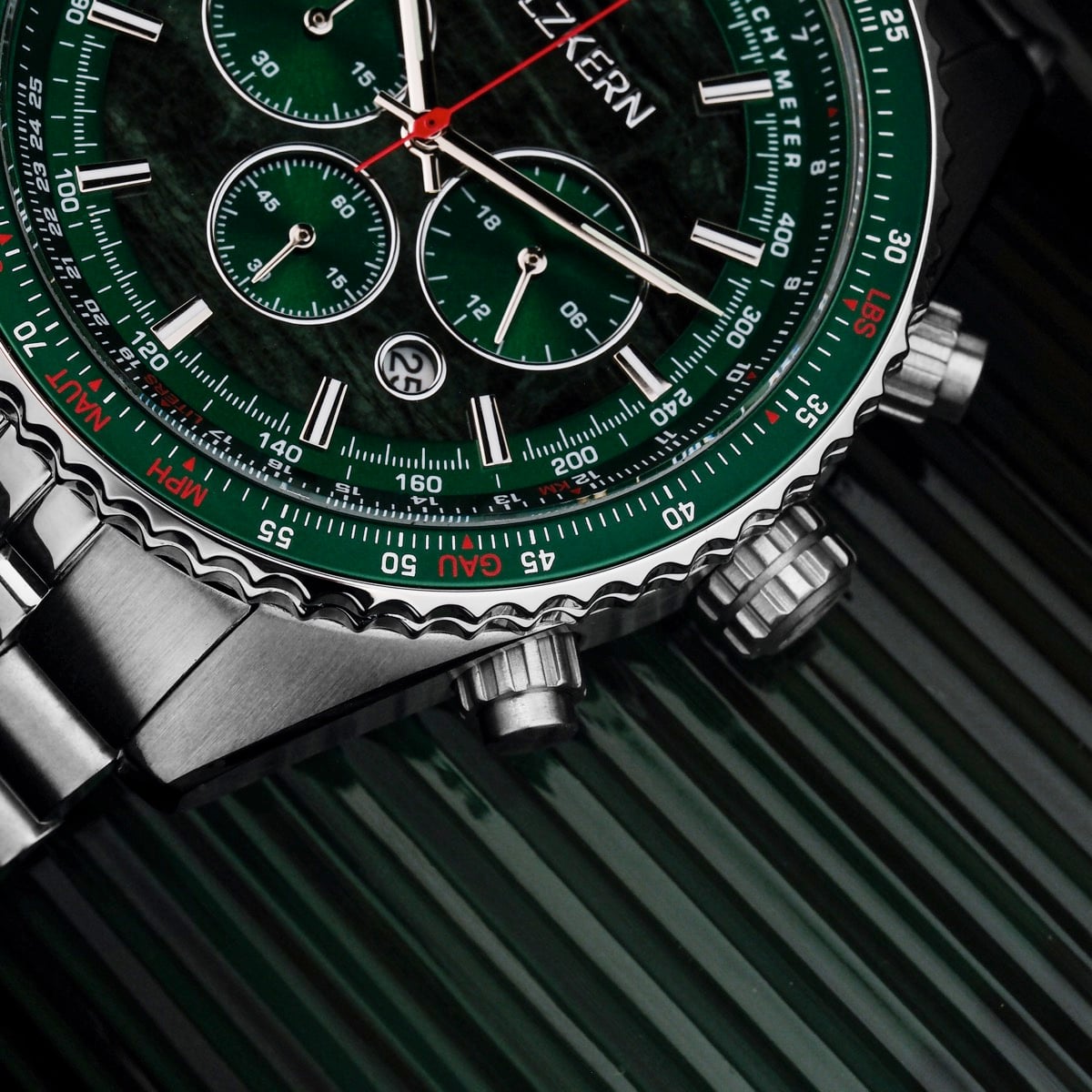 "Openhorizon" watch featuring a green marble dial with silver accents and a stainless steel bracelet for a sleek, modern look.