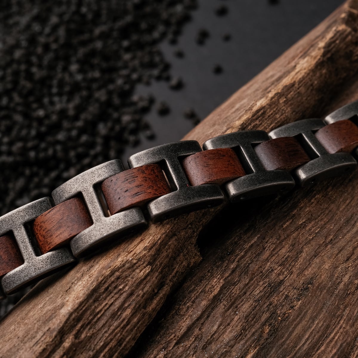 "Acoustic" bracelet featuring walnut and antique silver links in a rustic style.