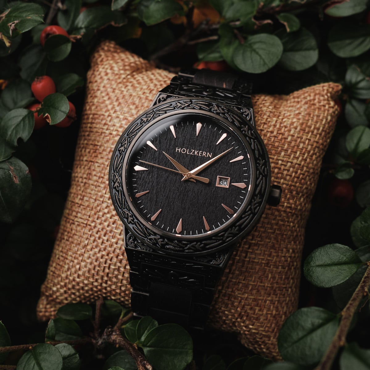 "Khalili" watch with intricate detailing and a refined maple finish.