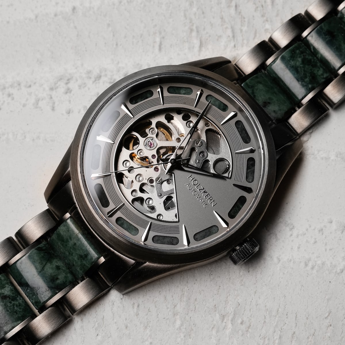 "Acraman" watch with a marble/dark grey design, showcasing a stylish and intricate mechanical look.