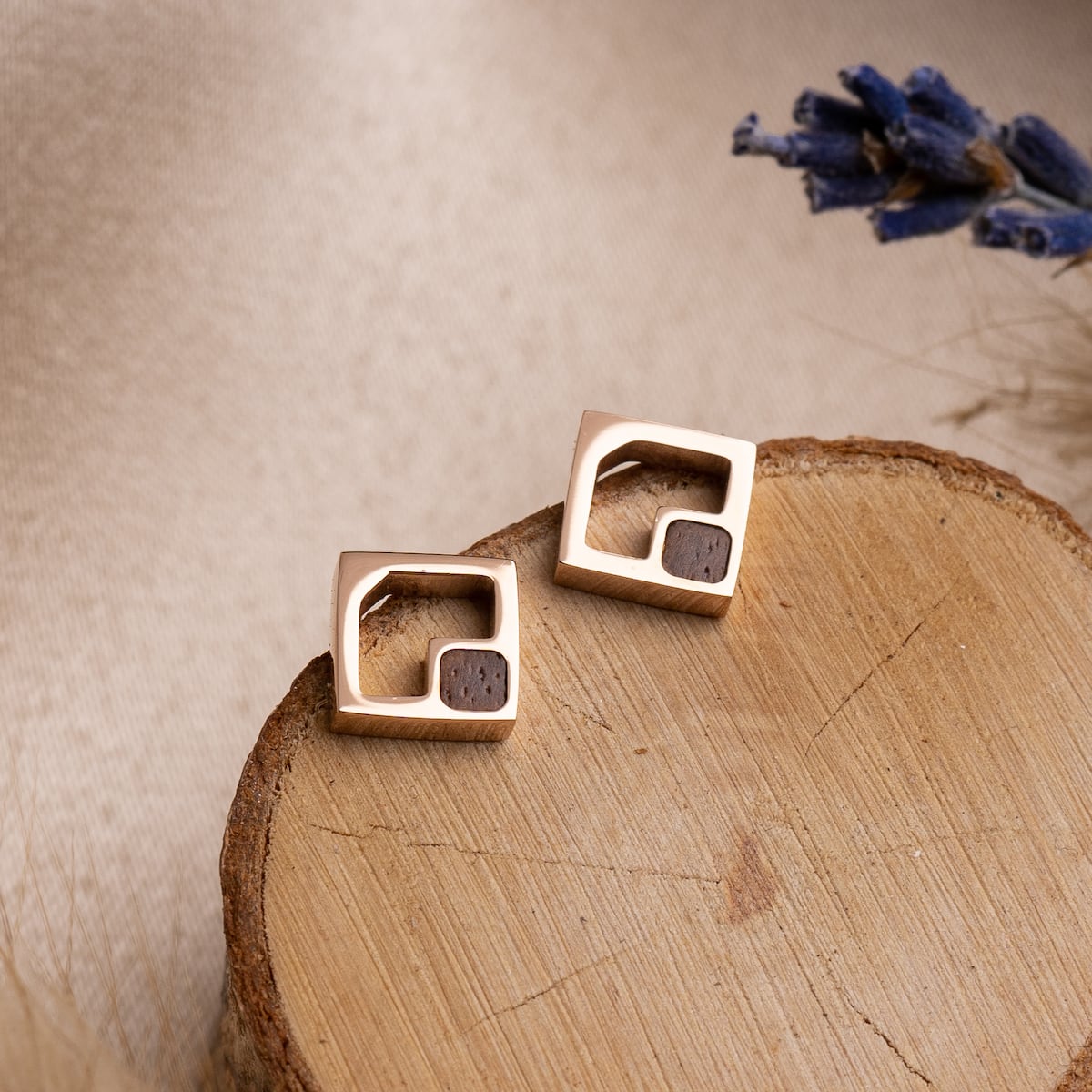 "Geometric Earrings" - Square earrings with walnut inlay and rose gold finish.